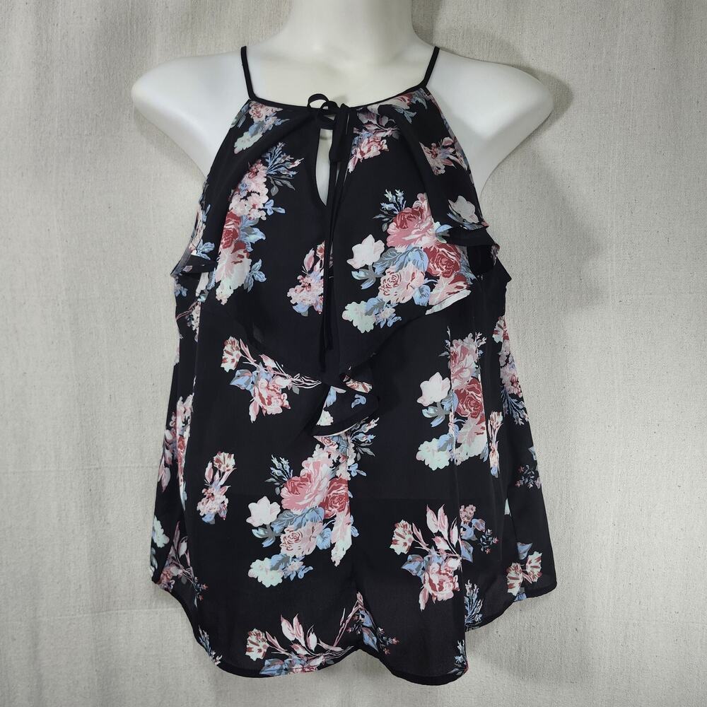 Stella Tweed Black Floral Semi-Sheer Sleeveless Tie Neck Blouse Size 2X Romantic